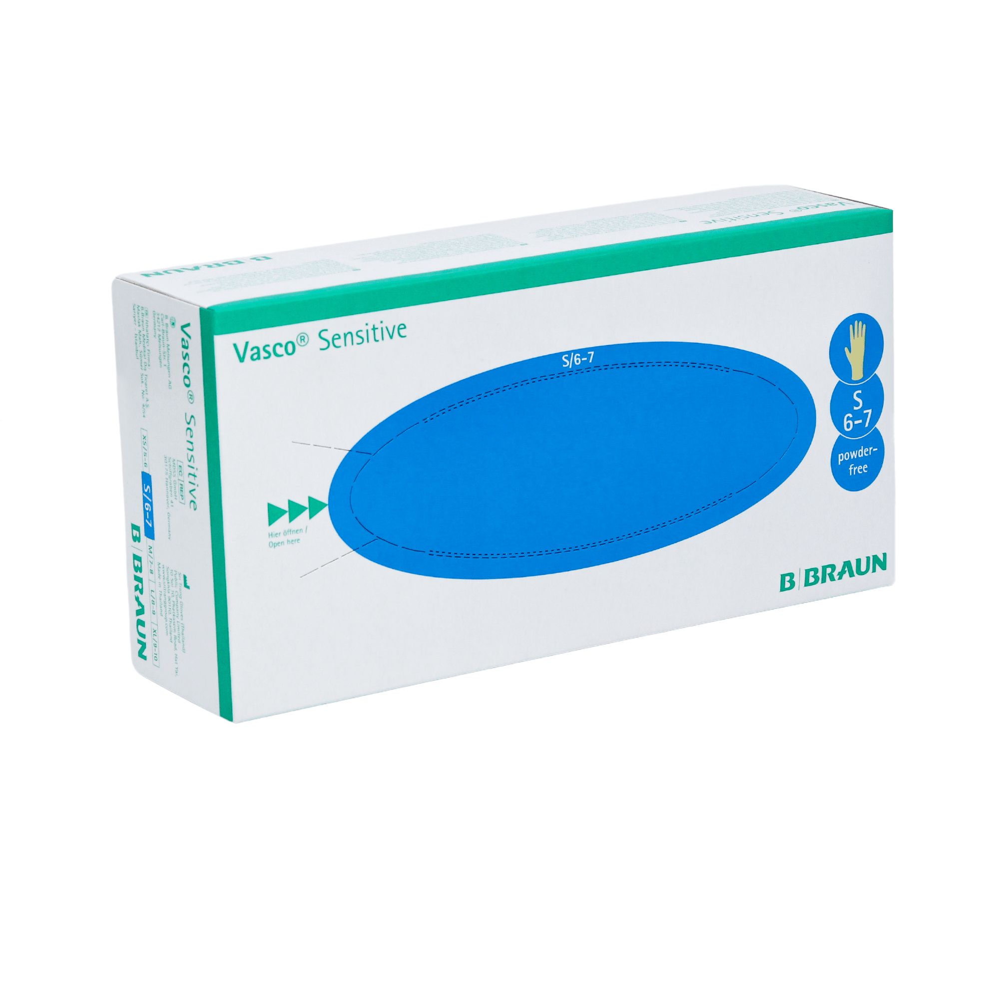 Verpackung von Vasco® Sensitive Handschuhen. Weiß mit blauer ovaler Markierung. Größenangabe S 6-7. Marke B Braun.