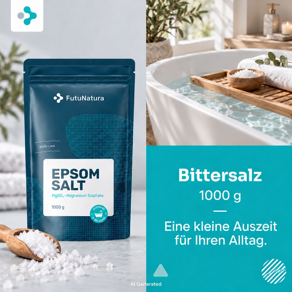FutuNatura Bittersalz 1000g Beutel mit Holzschaufel und Badesalz.