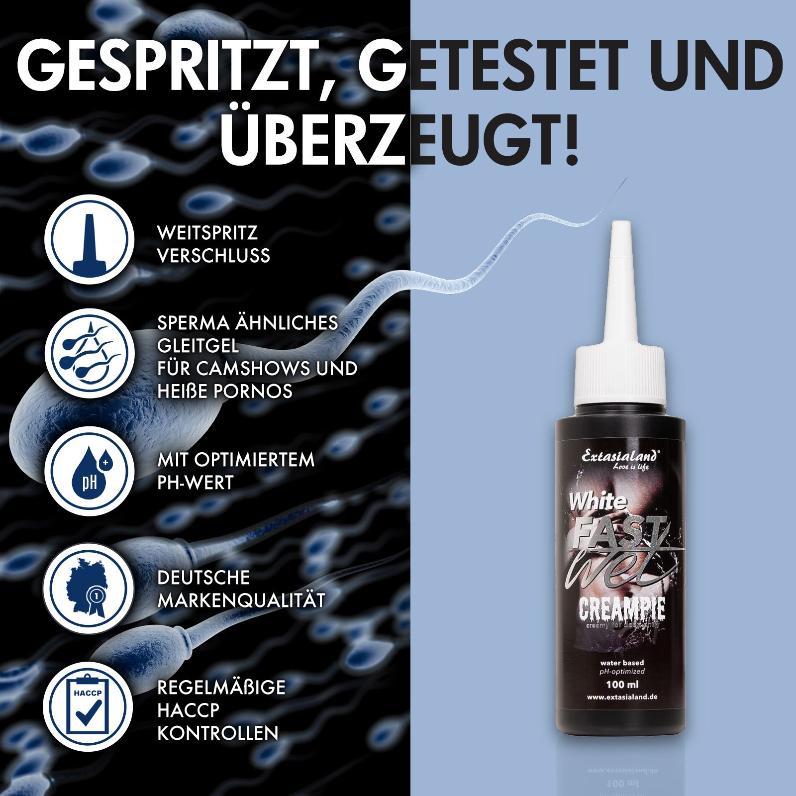 Flasche "White Fast Wet Creampie" mit Applikator. Text: Weitspritzverschluss, spermaähnliches Gleitgel. Marke Extasialand.