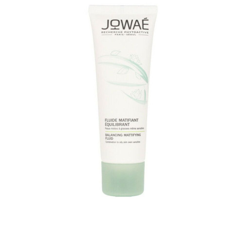 Weiß-grüne Tube JOWAE. Text: Fluide Matifiant Équilibrant, Balancing Mattifying Fluid. Für Mischhaut bis empfindliche Haut.