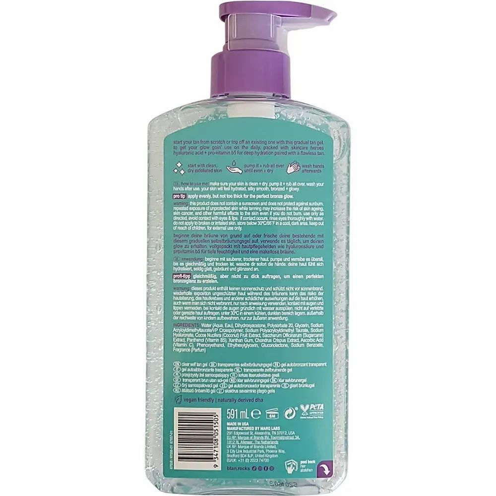Rückseite der Flasche mit lila Pumpe. Text: Anwendungshinweise, Inhaltsstoffe, vegan, 591 ml. Logos: PETA, vegan, recycelbar.