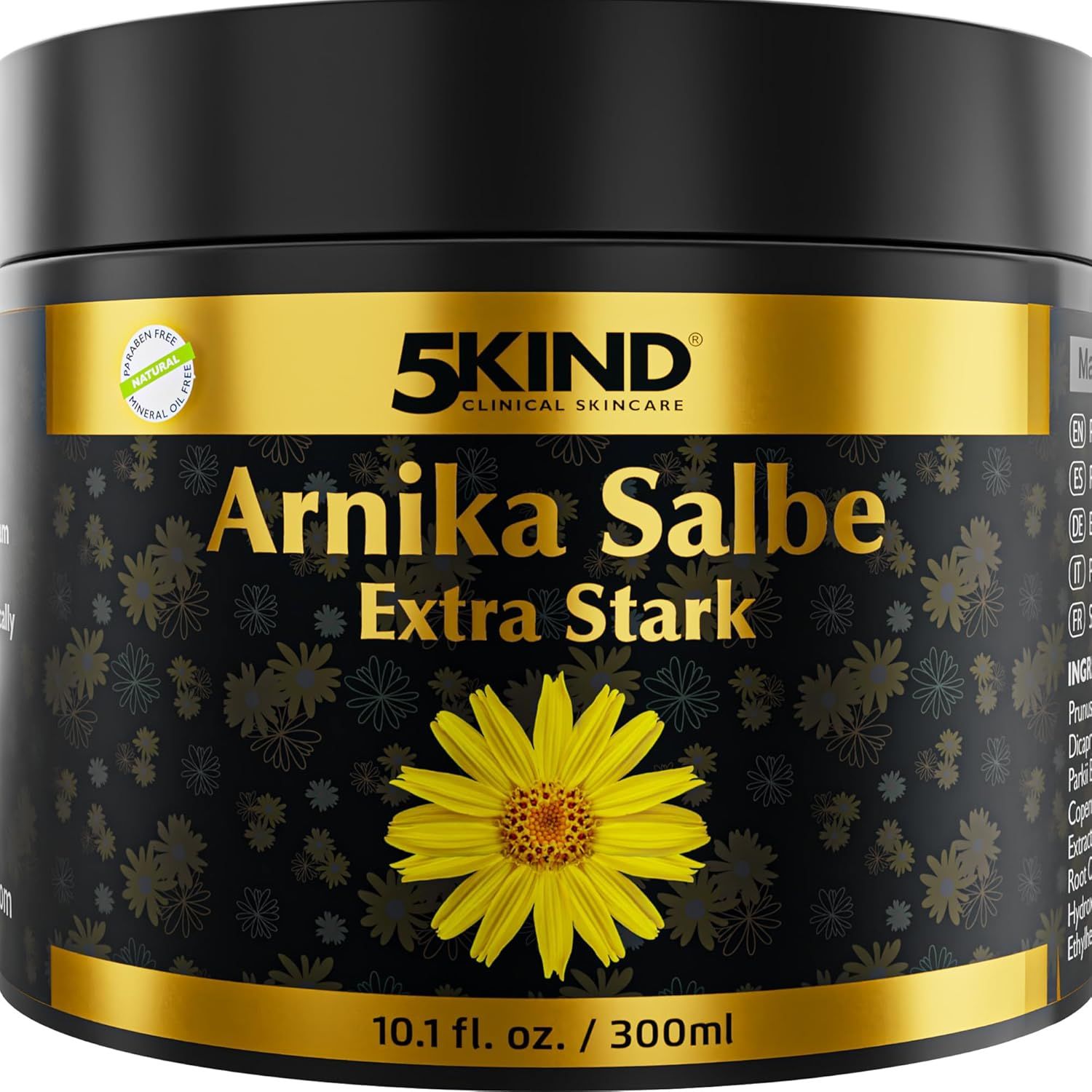 Schwarzer Tiegel mit goldfarbenem Etikett. Aufschrift: Arnika Salbe Extra Stark. Gelbe Blüte. Zusätzliche Informationen.