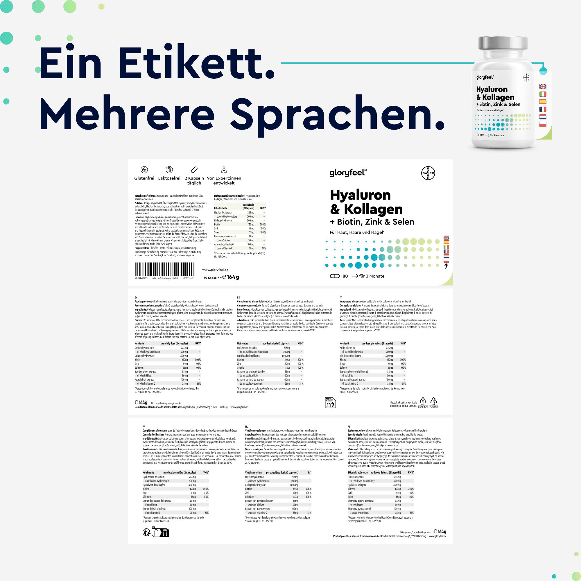 Etikett mit Informationen zu Inhaltsstoffen und Nährwerten in verschiedenen Sprachen. Flasche mit Kapseln im Hintergrund.
