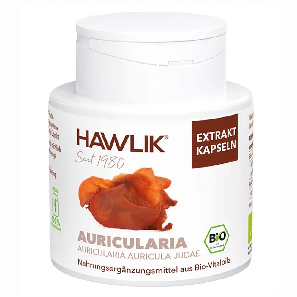 Weiße Dose mit braunem Etikett. Aufschrift: HAWLIK, AURICULARIA, BIO. Braune Pilzabbildung. "Extrakt Kapseln". Nahrungsergänzungsmittel.