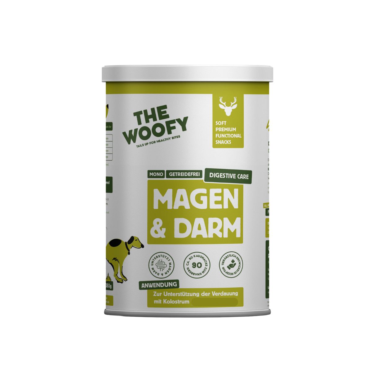 Zylindrische Dose mit "THE WOOFY"-Logo und Text "Magen & Darm". Grün-weißes Design. Abbildung eines Hundes.