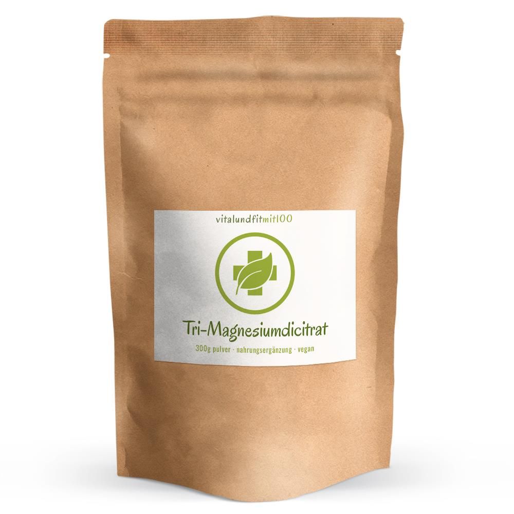 Braune Tüte mit weißem Etikett. Aufschrift: Tri-Magnesiumdicitrat. Logo mit Kreuz und Blatt.