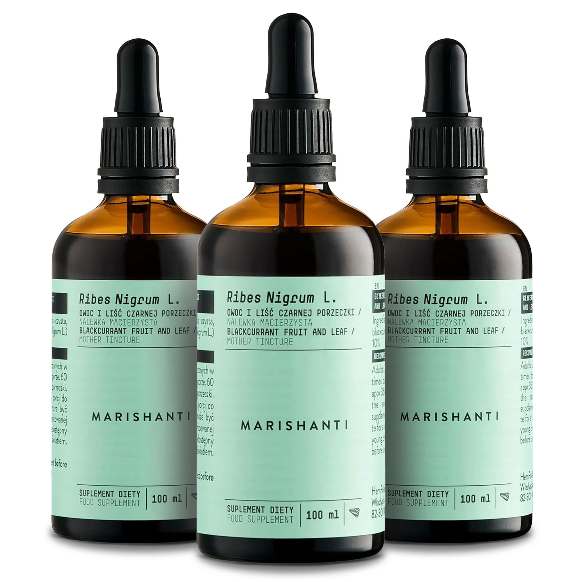 Drei braune Flaschen mit Tropfern. Text: Marishanti, Ribes Nigrum L. 100 ml. Supplement Diety. Flaschen nebeneinander.