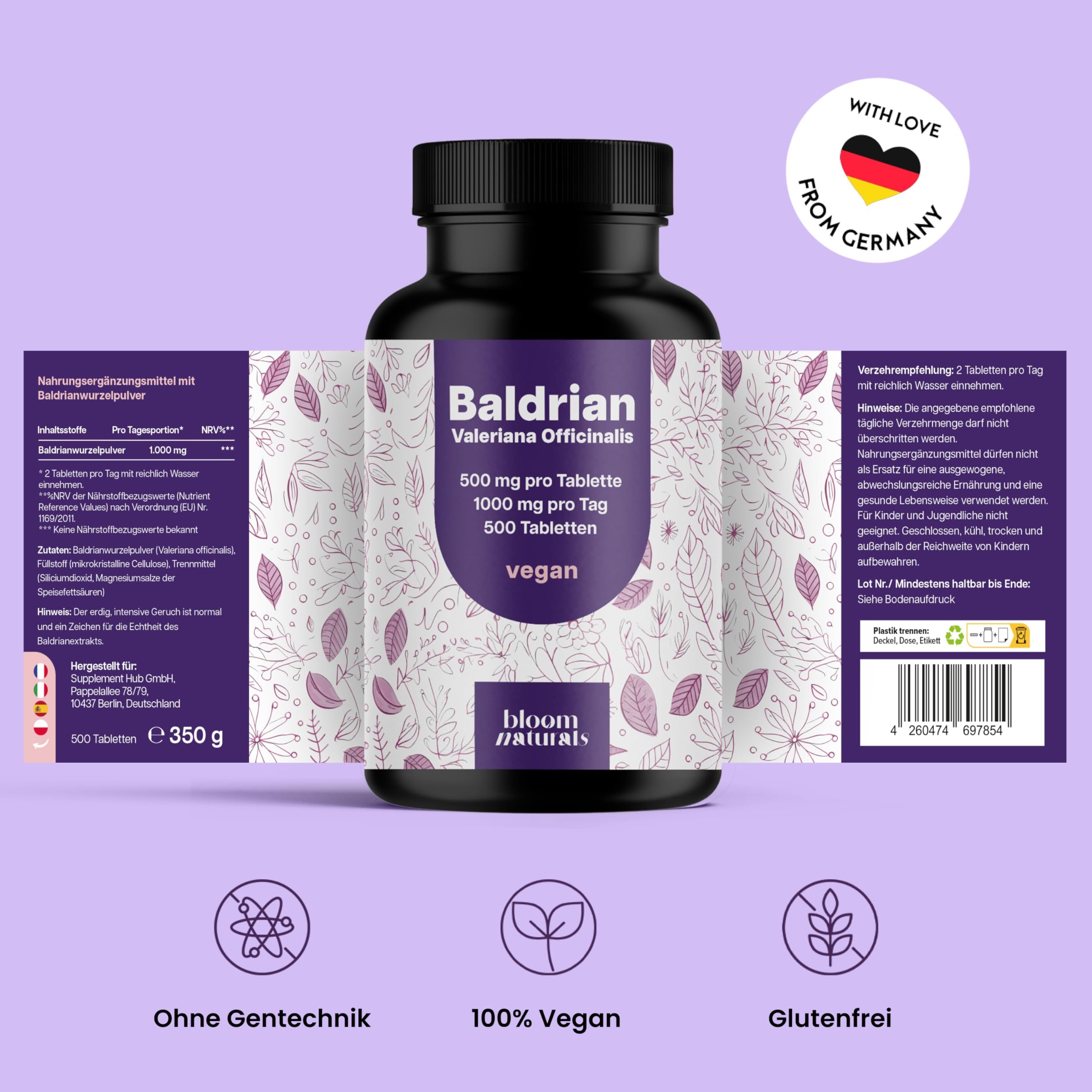 Flasche Baldrian-Tabletten mit Etikett. Text: Baldrian, Valeriana Officinalis, 500 Tabletten. Symbole: Ohne Gentechnik, 100% Vegan, Glutenfrei.
