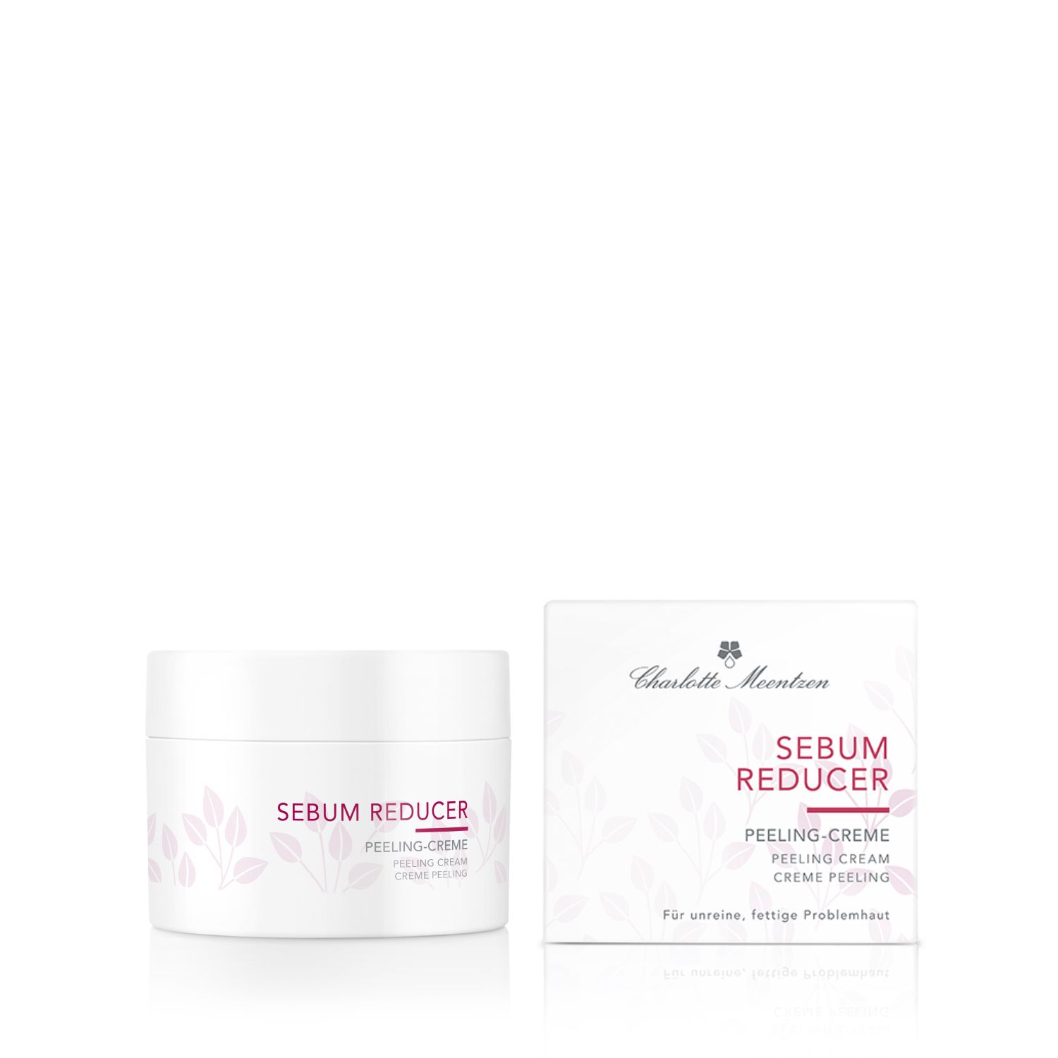 Weißes Tiegel mit Aufschrift SEBUM REDUCER PEELING-CREME und Karton mit Logo und Schriftzug. Für unreine, fettige Haut.