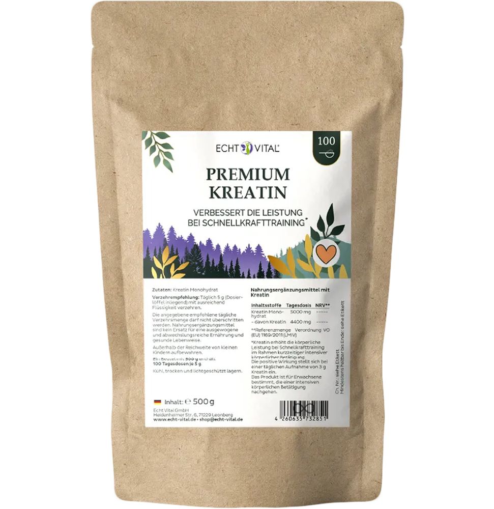 Braune Papiertüte mit Etikett: Echt Vital Premium Kreatin, 500g. Enthält Nährwertangaben und Produktinformationen.