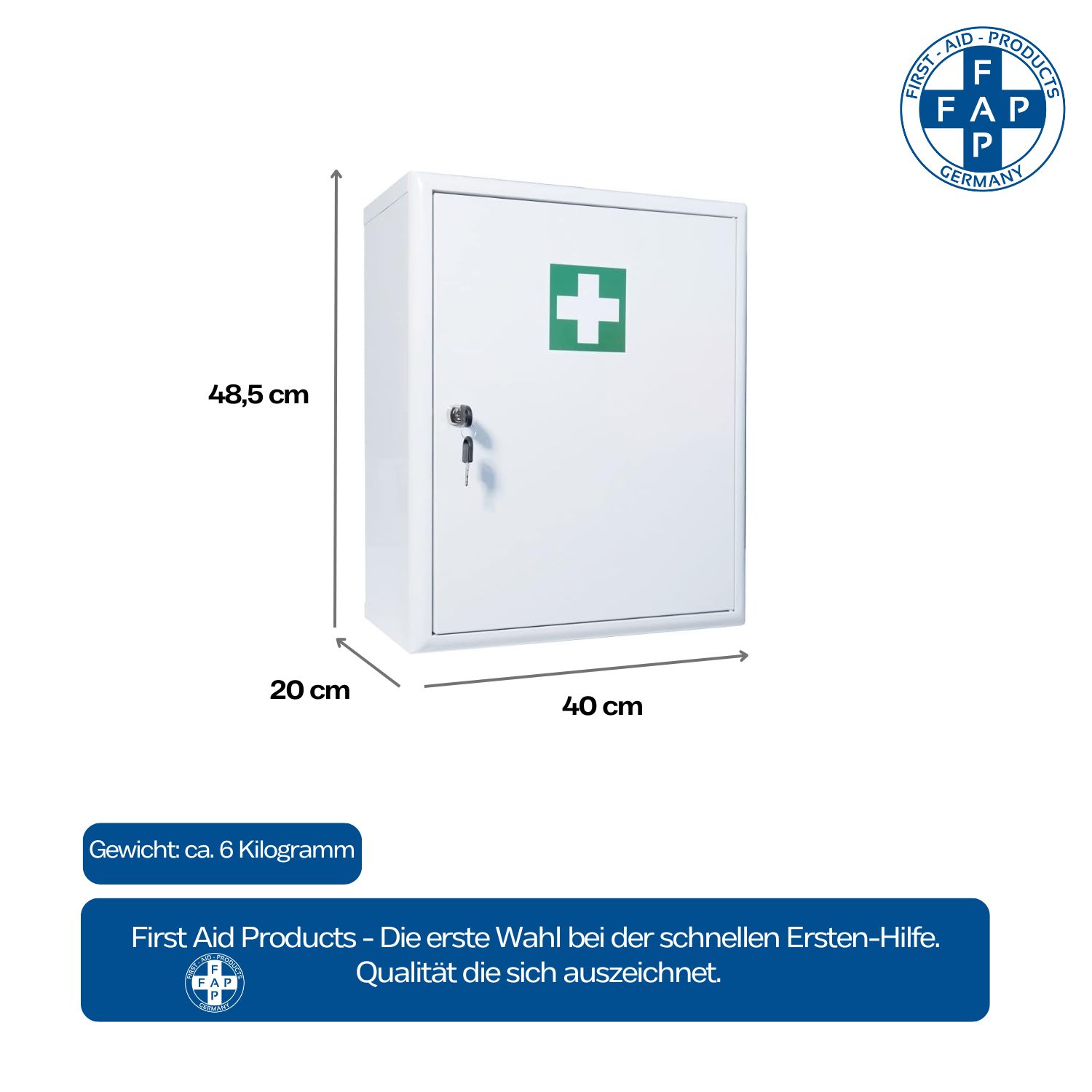 Weißer Verbandschrank mit grünem Kreuz. Abmessungen: 40x20x48,5 cm. FAP-Logo. Text: Erste Hilfe.