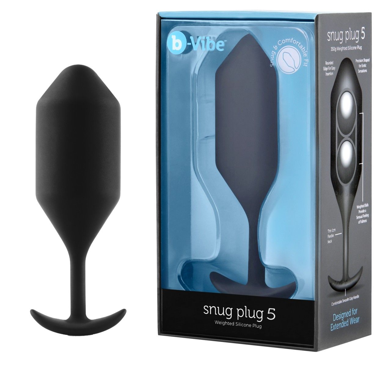 b-Vibe Snug Plug 5 und Verpackung. Schwarzer Plug neben transparenter Box. Text: Snug Plug 5.