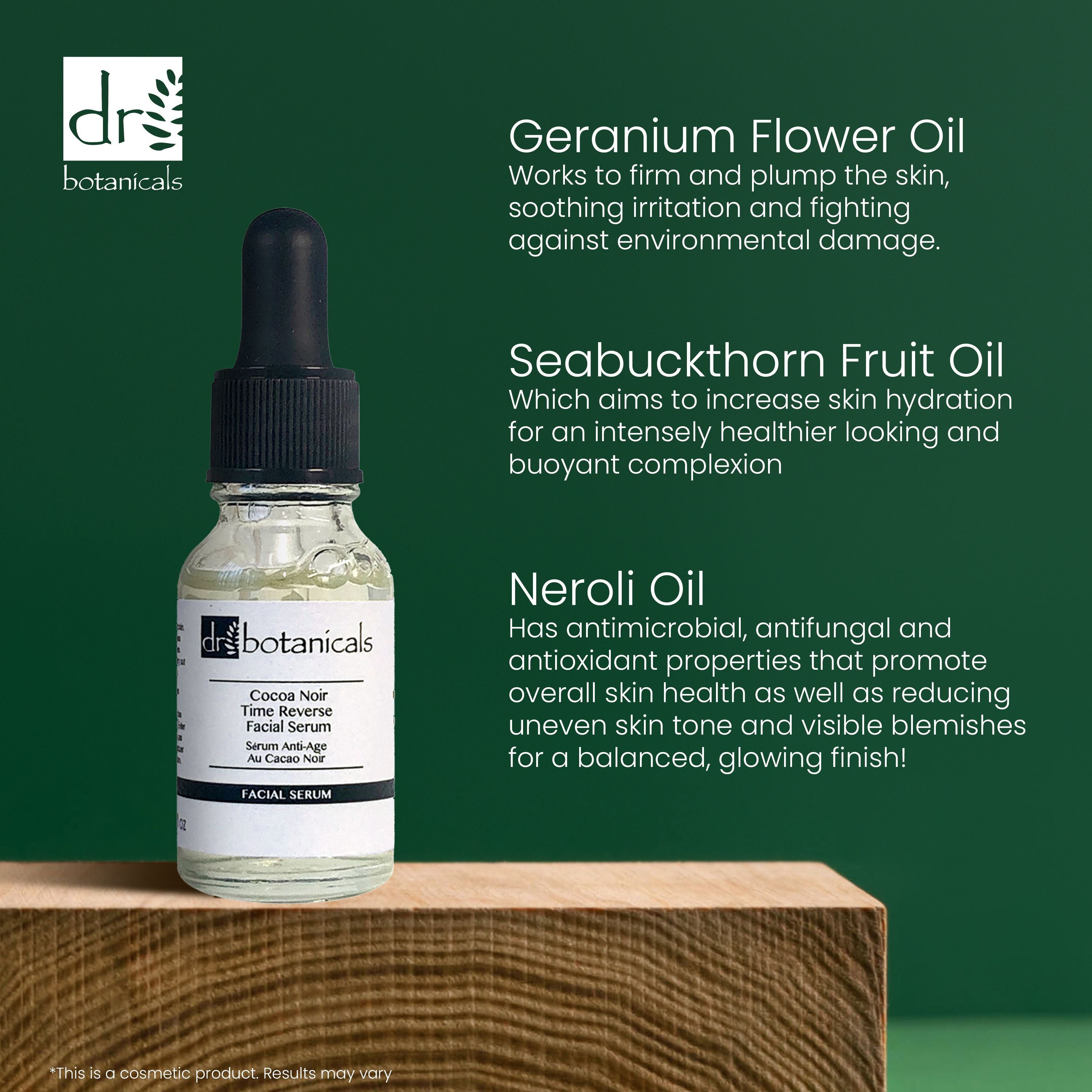 Produktflasche auf Holzblock. Text über Inhaltsstoffe: Geranium Flower Oil, Seabuckthorn Fruit Oil, Neroli Oil.