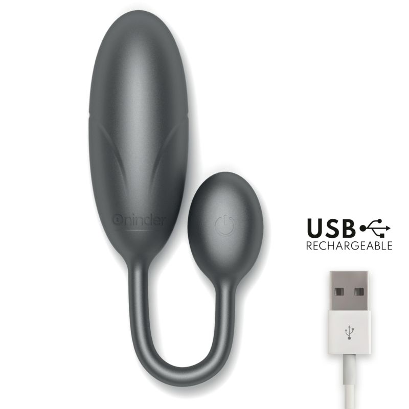 Graues Ei mit USB-Ladeanschluss. USB-Kabel und Logo. Produktansicht.