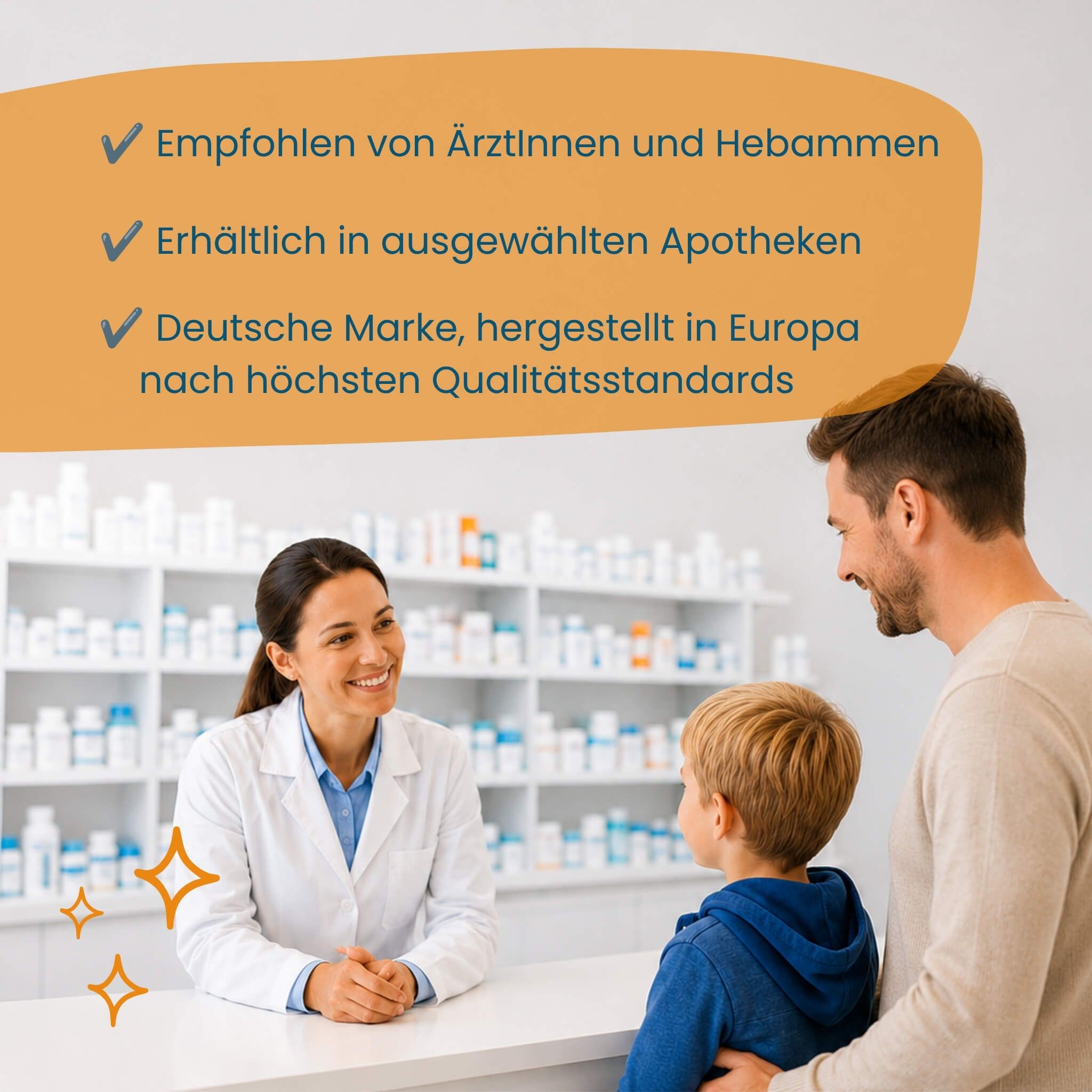Familie spricht mit Apothekerin über Herby Family Hokus Fokus Saft.