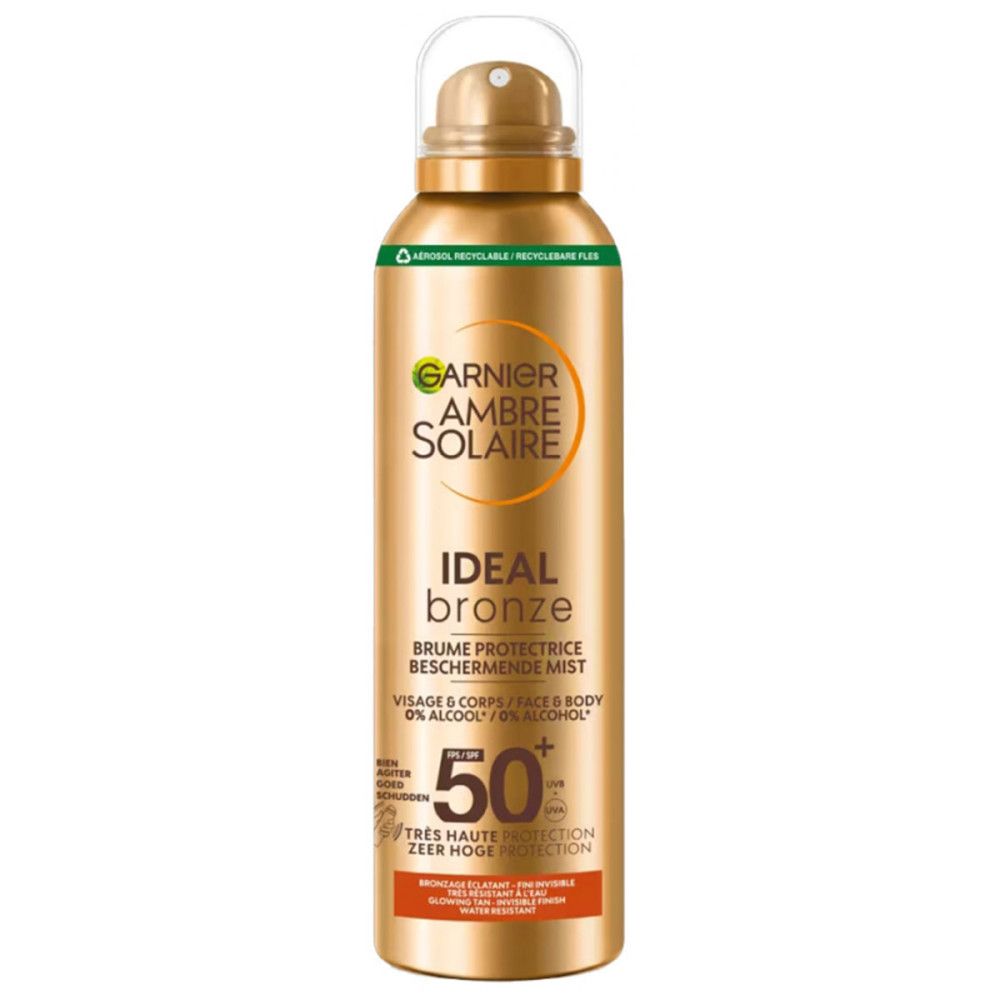 Goldfarbene Sprühflasche mit Garnier Ambre Solaire. Ideal Bronze, LSF 50+. Für Gesicht und Körper. Ohne Alkohol.