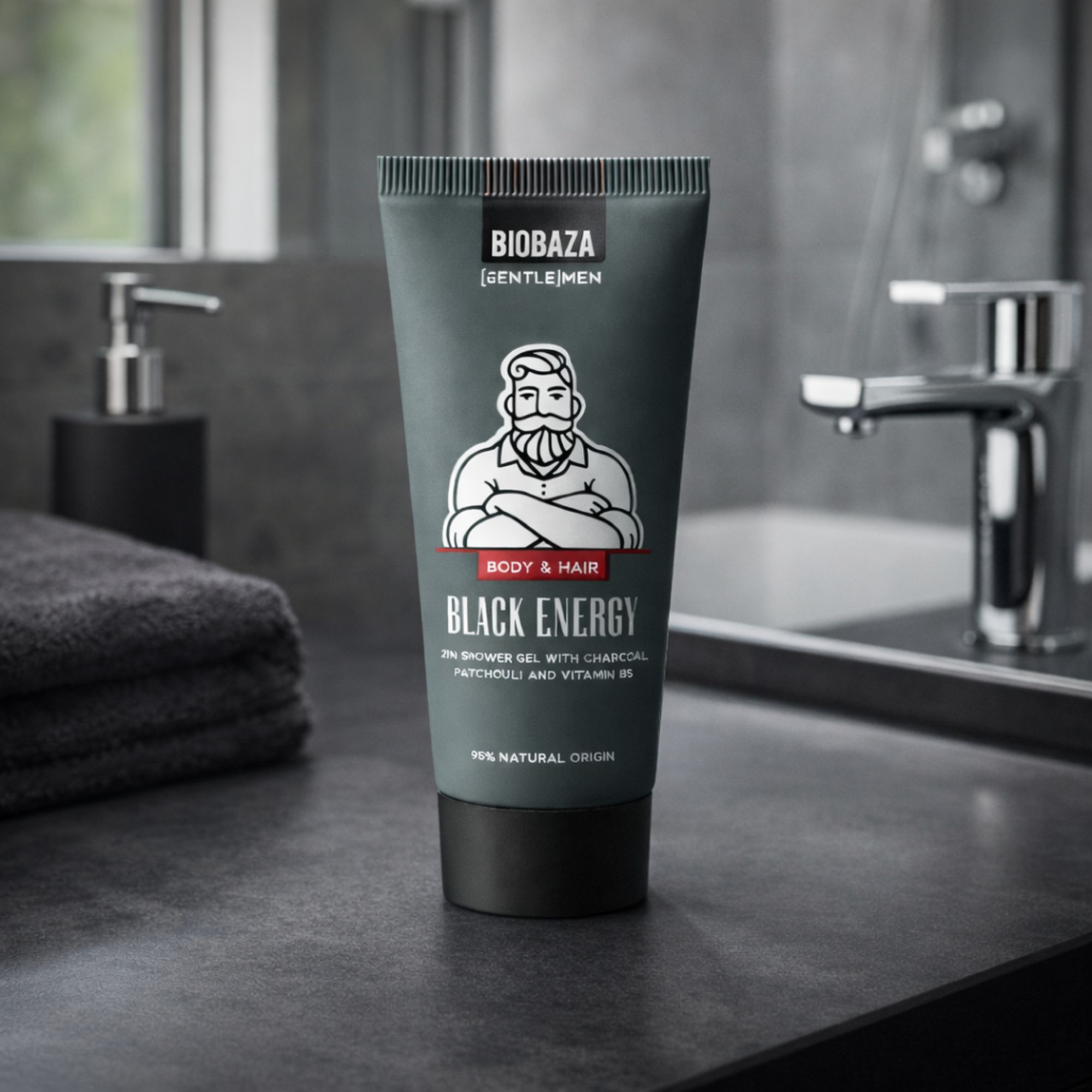 BIOBAZA Black Energy 2in1 Duschgel & Shampoo 30 ml mit Aktivkohle, Patchouli und Vitamin B5