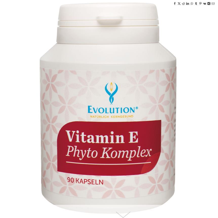 Weiße Flasche mit rotem Etikett. Aufschrift: Vitamin E Phyto Komplex, 90 Kapseln. Logo: Evolution.