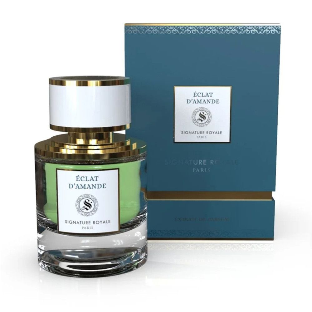 Flakon mit goldfarbenem Deckel und weißem Verschluss. Rechteckige Schachtel mit Produktnamen und Logo.