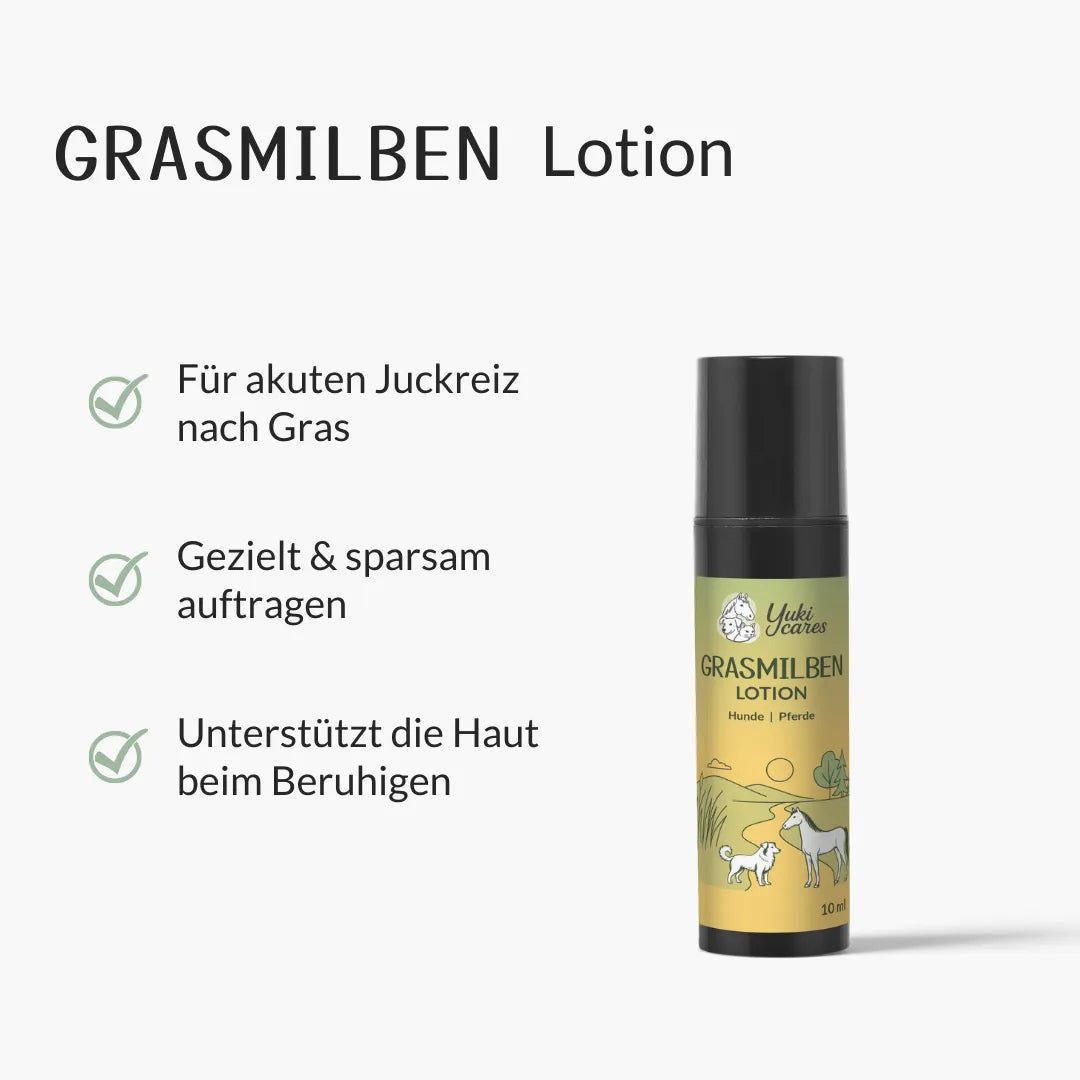 Lotion-Flasche mit Text: Grasmilben Lotion, Hunde & Pferde. Logo: Yuki cares. Grüne Häkchen mit Text: Für akuten Juckreiz, gezielt auftragen.