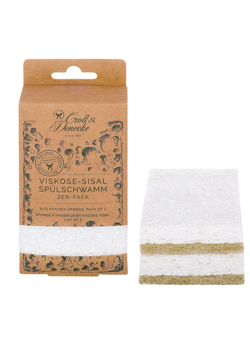 Verpackung und zwei Spülschwämme aus Viscose-Sisal, weiß und braun.
