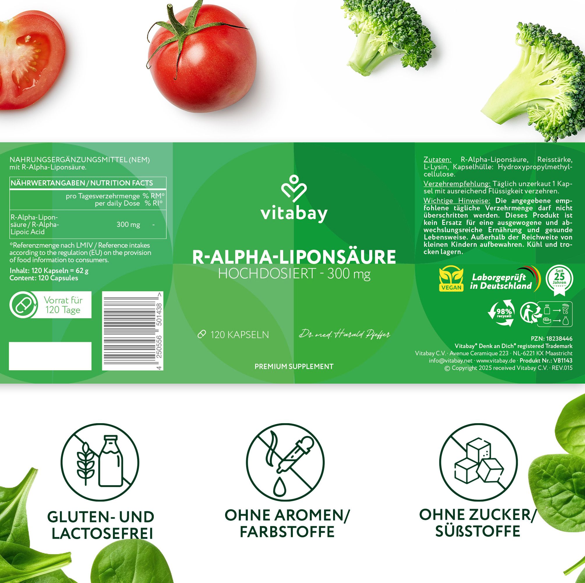Etikett mit Text: R-Alpha-Liponsäure 300 mg, 120 Kapseln. Text: Gluten- und Laktosefrei, Ohne Aromen/Farbstoffe, Ohne Zucker/Süßstoffe.