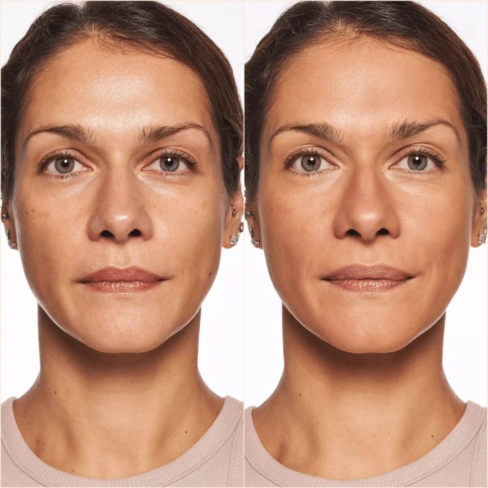 Vorher-Nachher-Vergleich. Frau mit und ohne Make-up. Deutliche Unterschiede im Hautton.