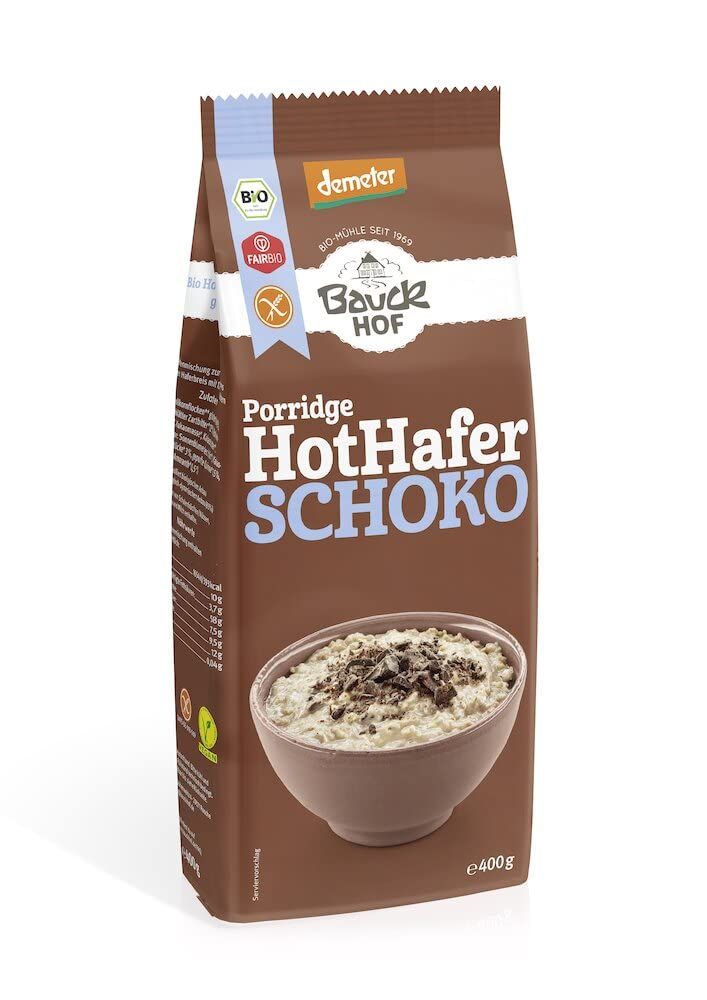 Bauckhof Hot Hafer Schoko glutenfreier Porridge, 400g Packung mit Schokoladenstückchen.