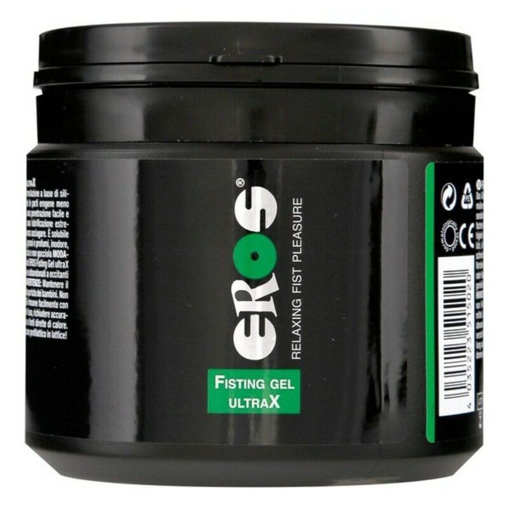Schwarzer Behälter mit Deckel. Aufschrift: EROS, Fisting Gel Ultra X, Relaxing Fist Pleasure. Grünes Logo.