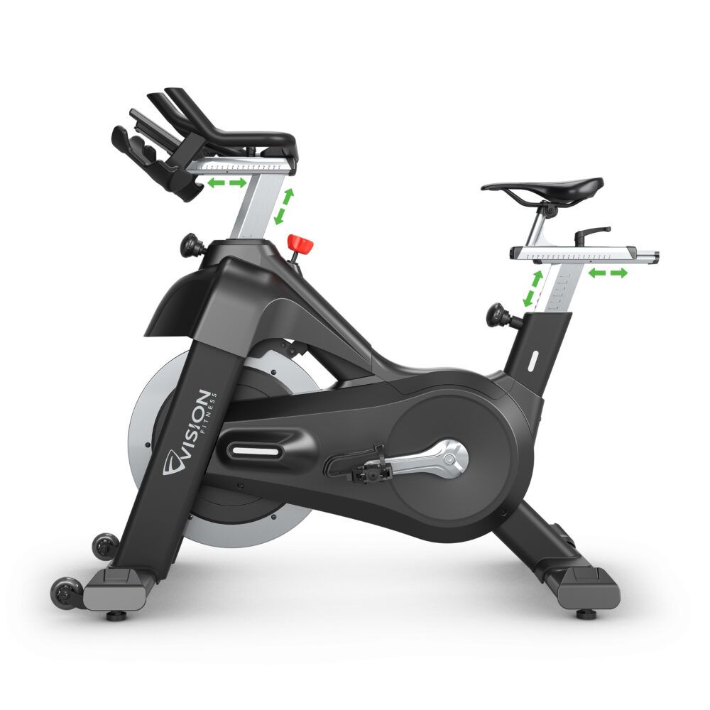 Indoor Cycle mit Pfeilen zur Höhenverstellung. Sichtbar: Lenker, Sattel, Rahmen, Vision-Logo.