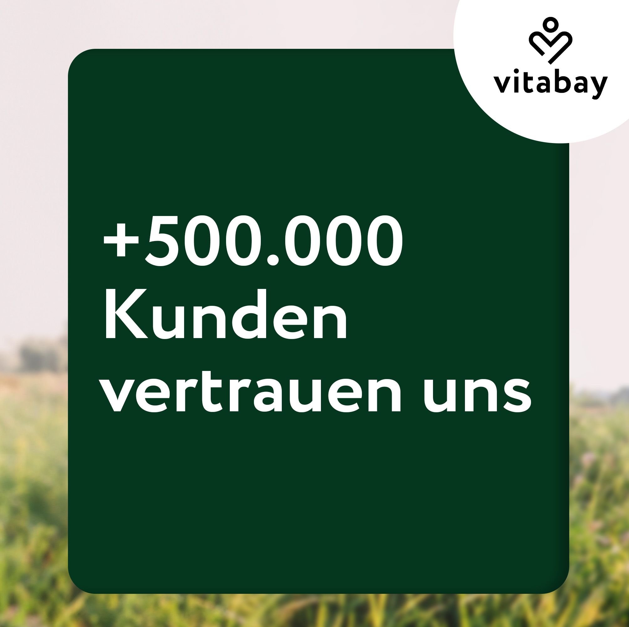 Grüner Hintergrund. Text: +500.000 Kunden vertrauen uns. Logo: Vitabay.