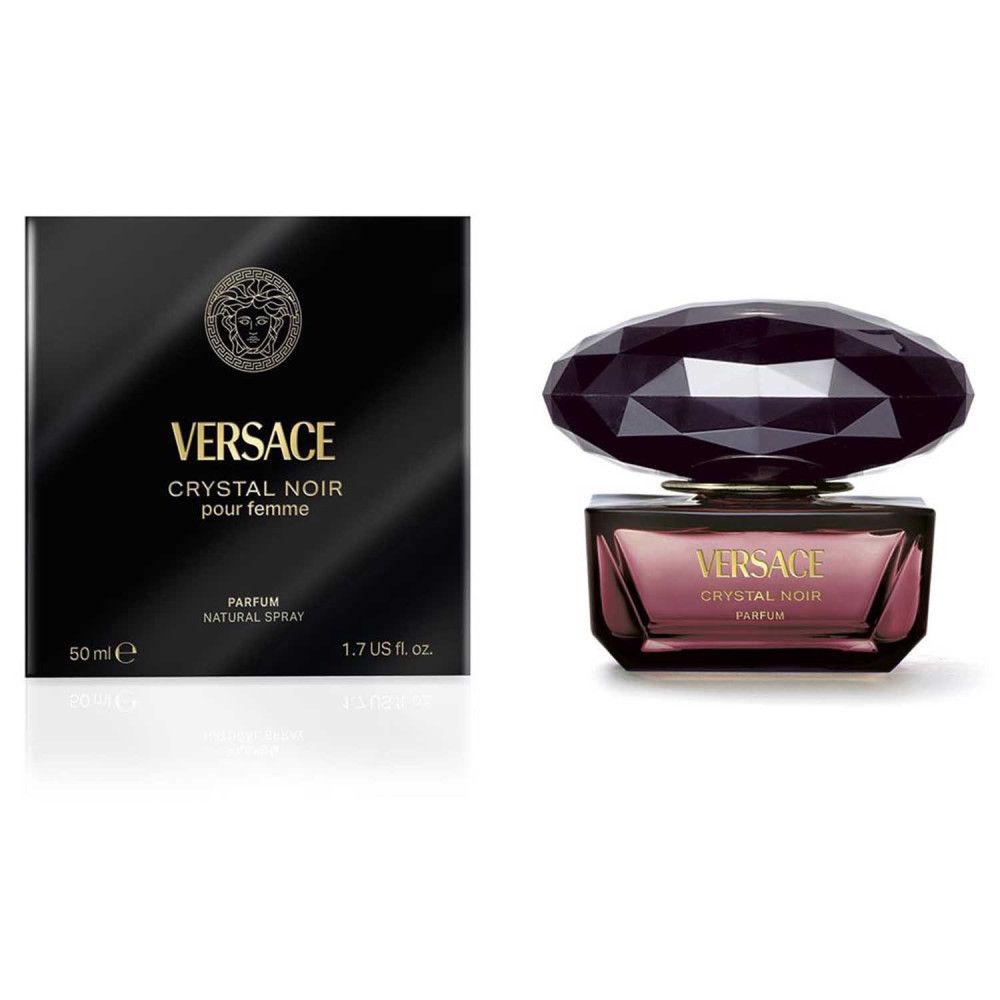 Schwarzer Karton und Flakon. Flakon mit schwarzem Deckel und rosafarbenem Inhalt. Aufschrift: Versace Crystal Noir.