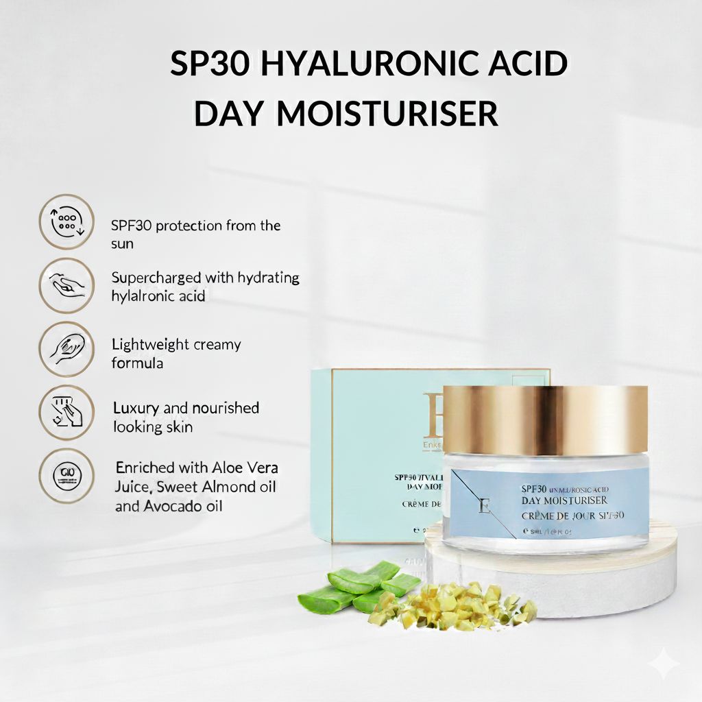 Tagescreme-Tiegel mit goldenem Deckel und Schachtel. Aufschrift: SPF30 Hyaluronsäure Day Moisturiser, Crème de Jour SPF30. Aloe Vera.