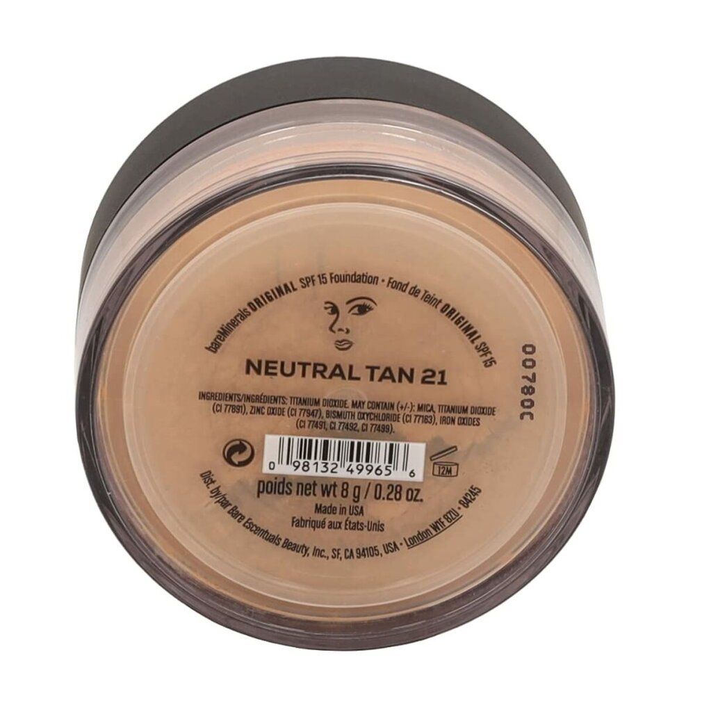 Dose mit losem Puder, von oben. Aufschrift "bareMinerals Original SPF 15". "Neutral Tan 21". Inhaltsstoffe und Barcode.