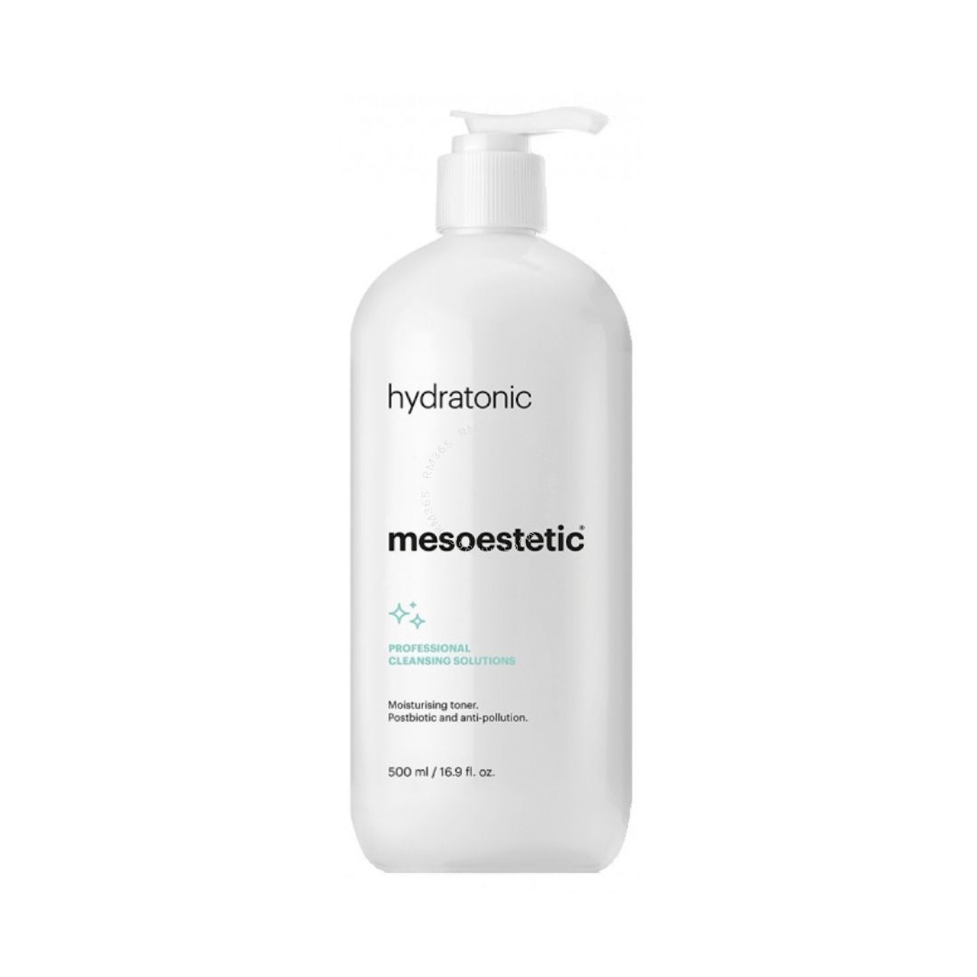 Weiße Flasche mit Pumpverschluss. Aufschrift: hydratonic, mesoestetic. Text: PROFESSIONAL CLEANSING SOLUTIONS. Volumen: 500 ml / 16.9 fl. oz.