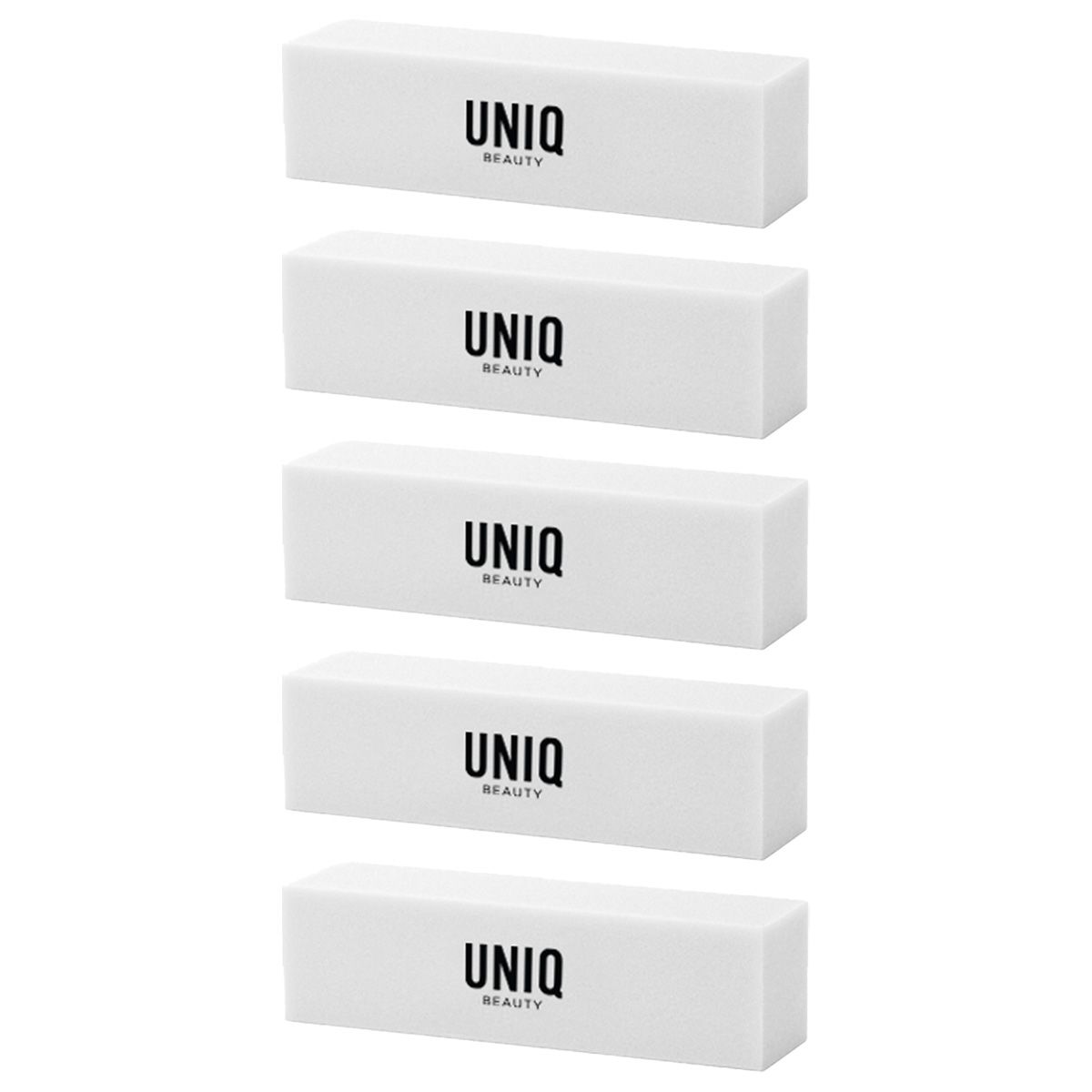 Fünf weiße Nagelpolierfeilen mit schwarzem UNIQ BEAUTY Logo.