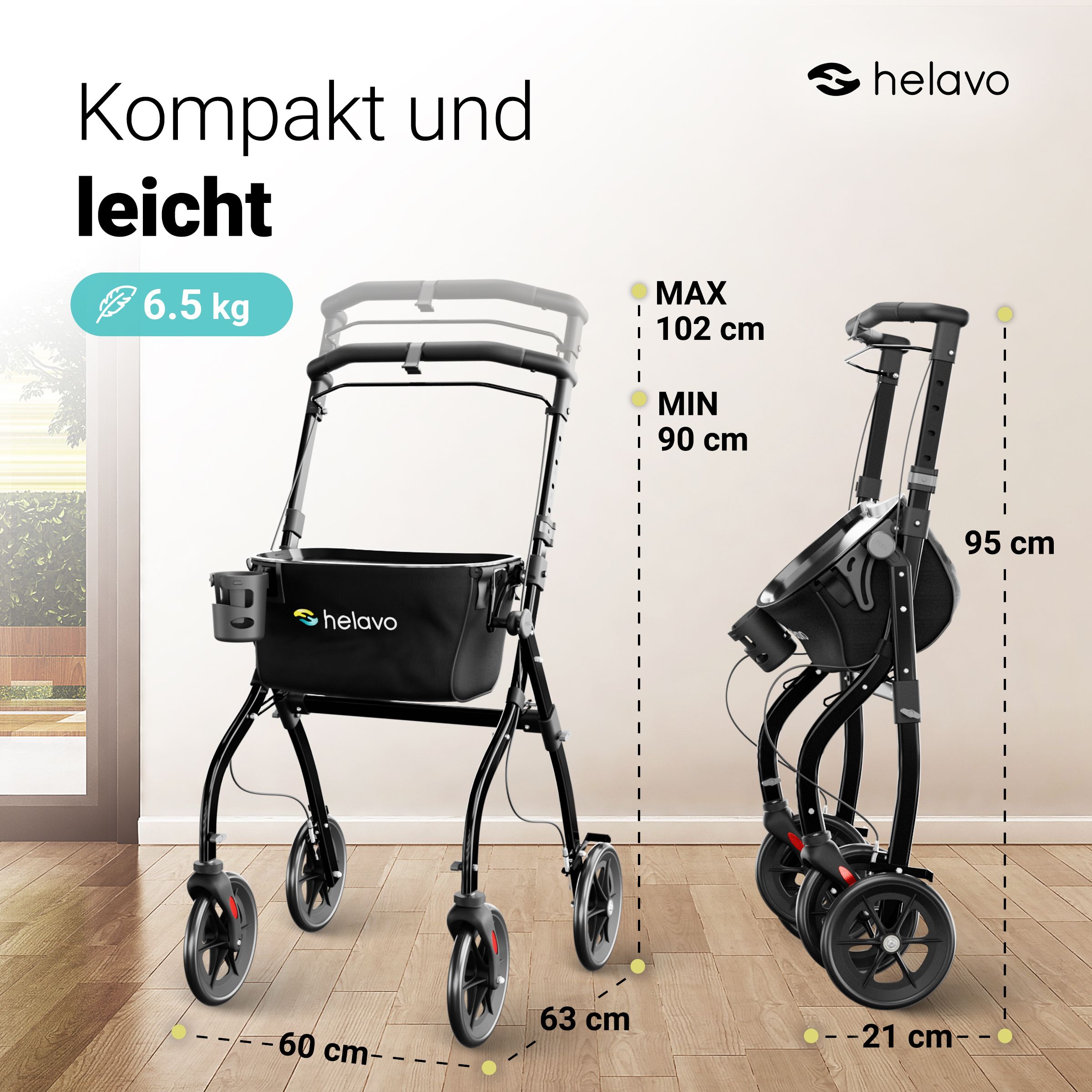 Helavo Wohnungsrollator 60 cm schmal Indoor Rollator mit Tablett & Korb