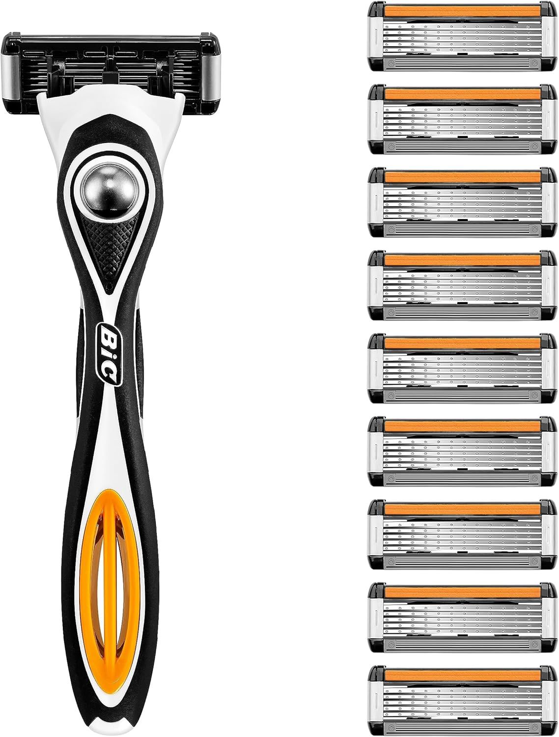 Rasierer mit schwarzem, weißem und orangefarbenem Griff. Ersatzklingen daneben. BIC-Logo auf dem Griff.
