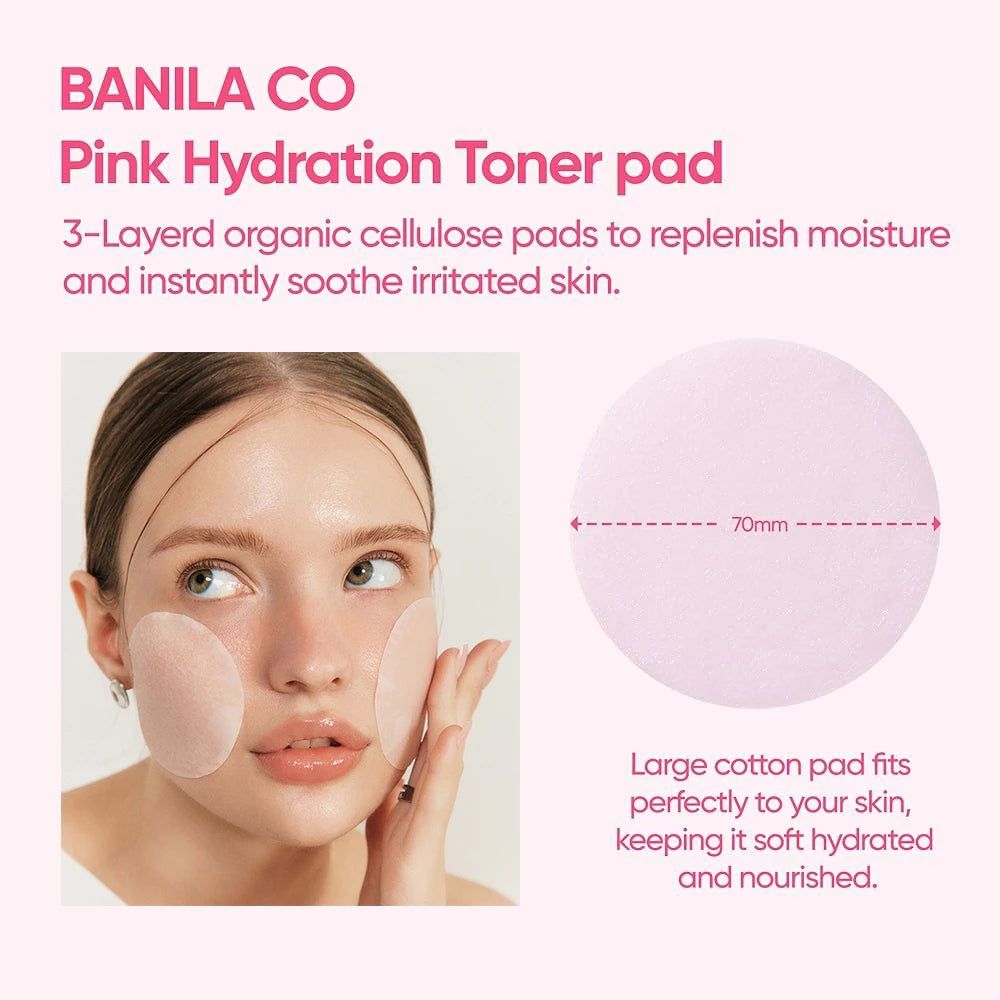 Eine Frau mit Pads auf dem Gesicht. Text: BANILA CO Pink Hydration Toner pad. 70mm Pads.