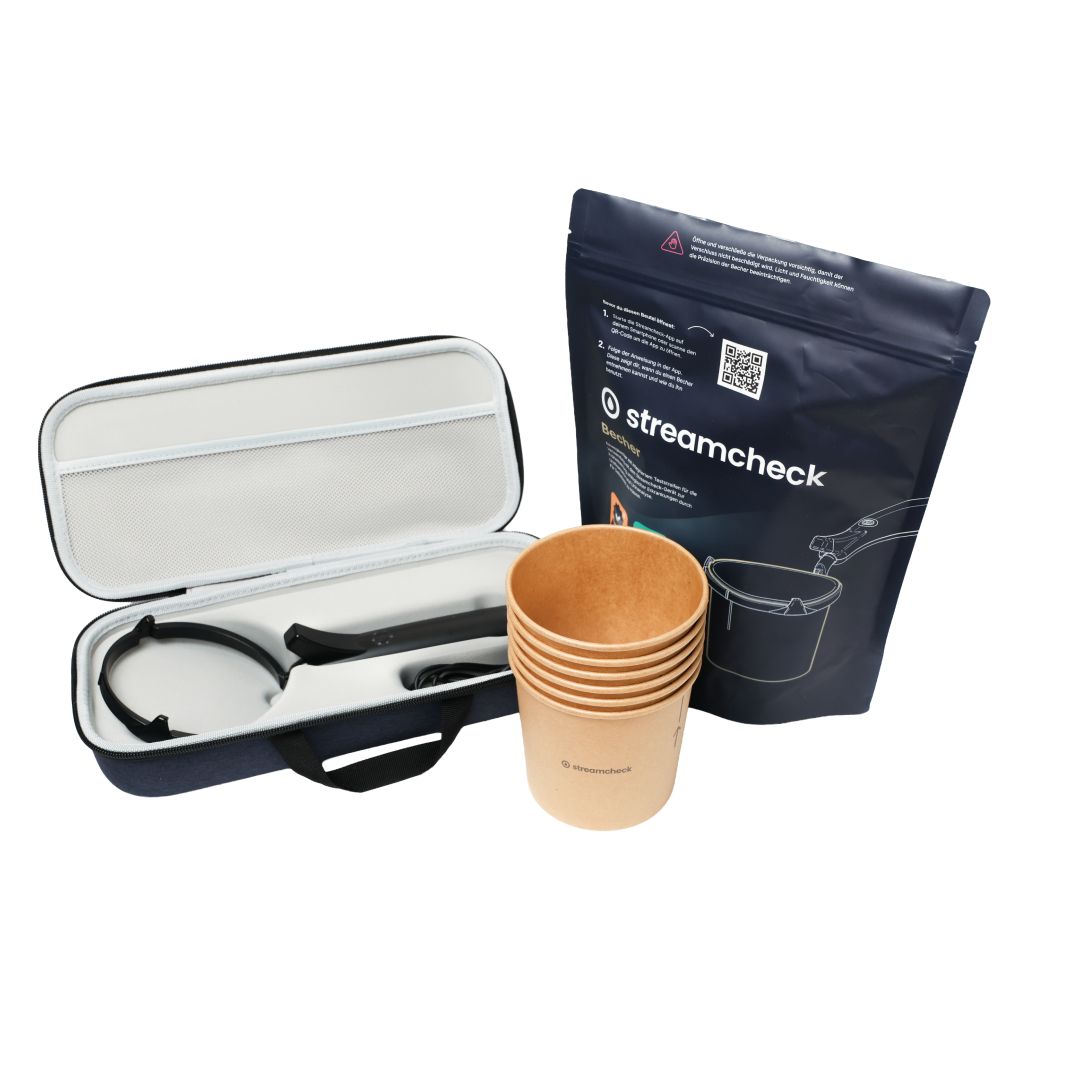 Etui mit Produktkomponenten: Griff, Halterung, Becher, Beutel. Auf weißem Hintergrund.