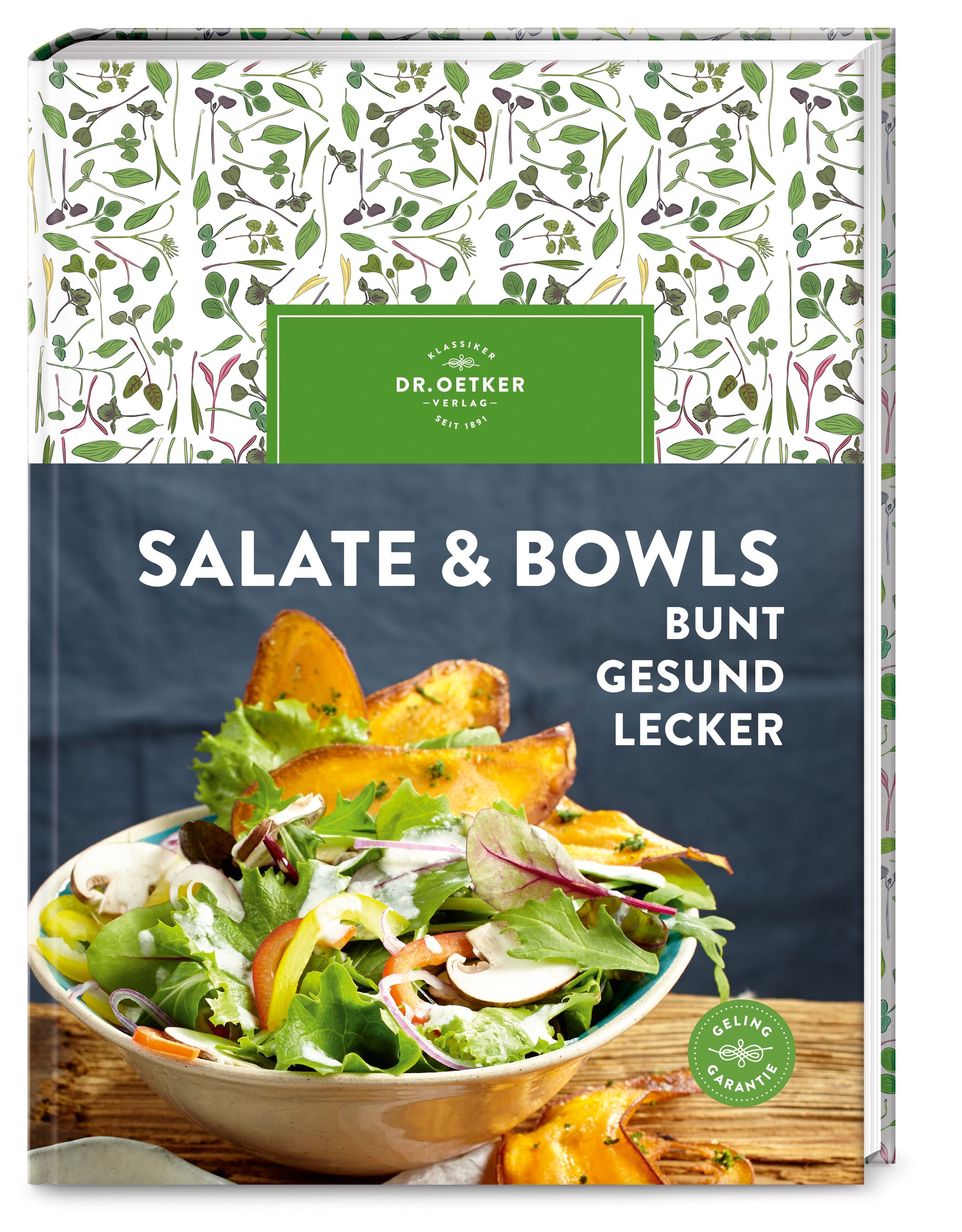 Kochbuch "Salate & Bowls". Auf dem Cover: Salat in einer Schüssel. Titel und Logo von Dr. Oetker.