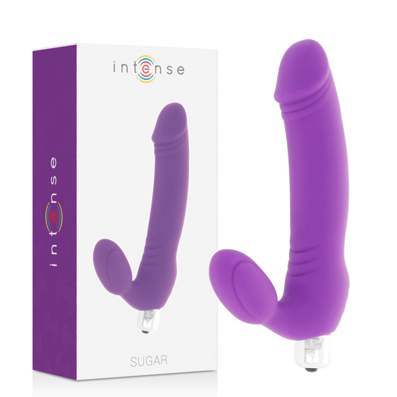 Verpackung mit lila Vibrator. Marke Intense, Produktname Sugar. Produkt und Verpackung.