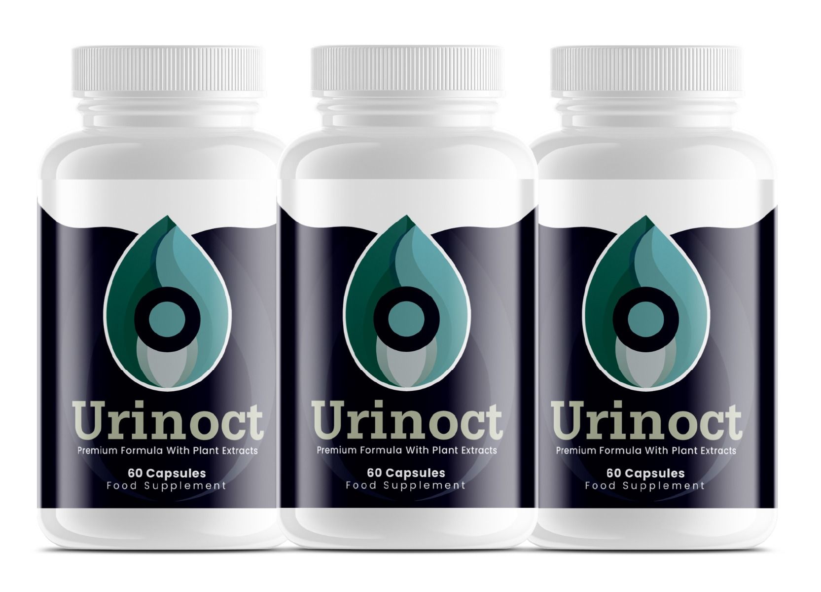 Drei weiße Flaschen mit schwarzem Etikett. Aufschrift: Urinoct, 60 Kapseln, Nahrungsergänzungsmittel. Tropfen-Logo.