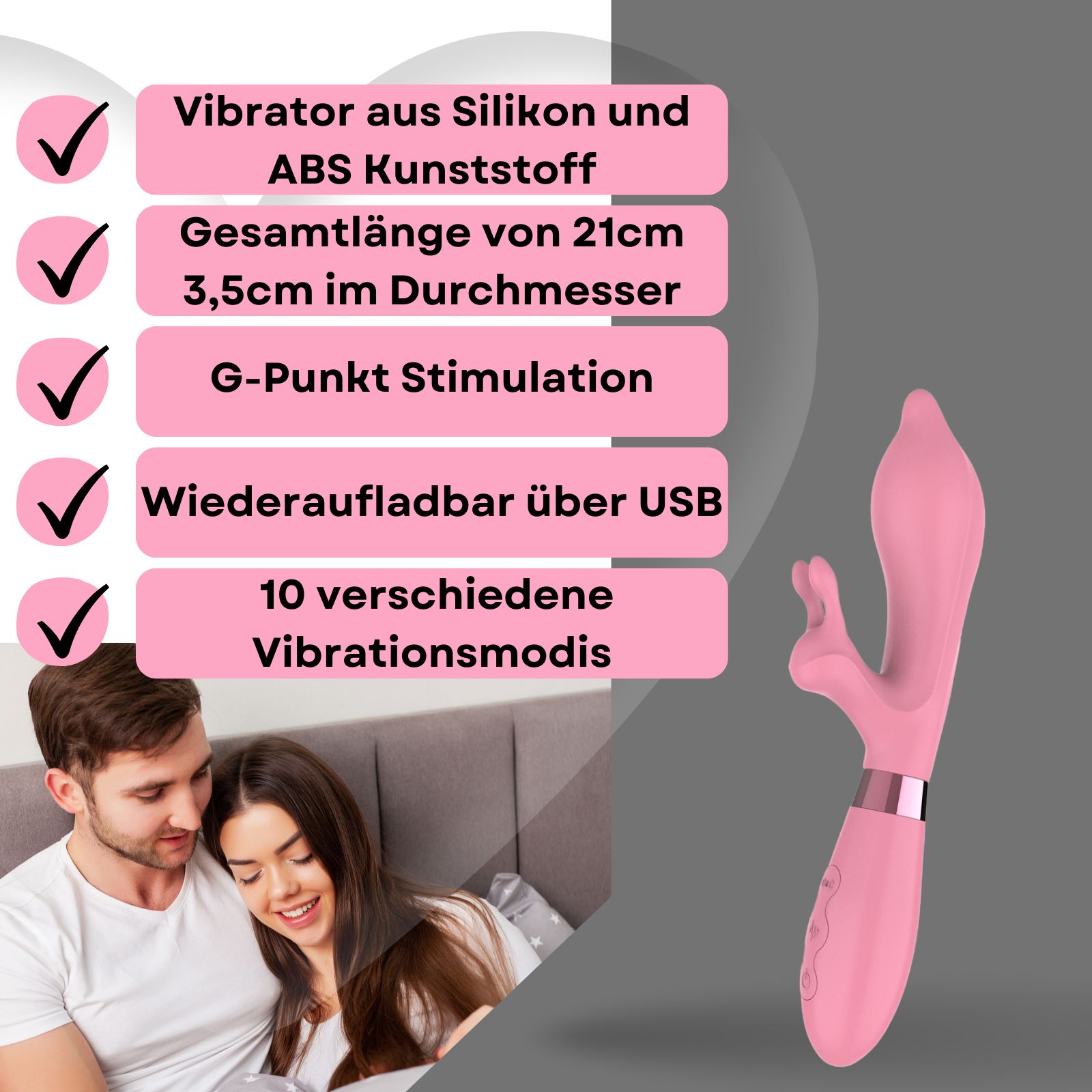 Rosa Vibrator mit Hasenohren. Aus Silikon und ABS. Wiederaufladbar via USB. 10 Vibrationsmodi. Paar im Hintergrund.