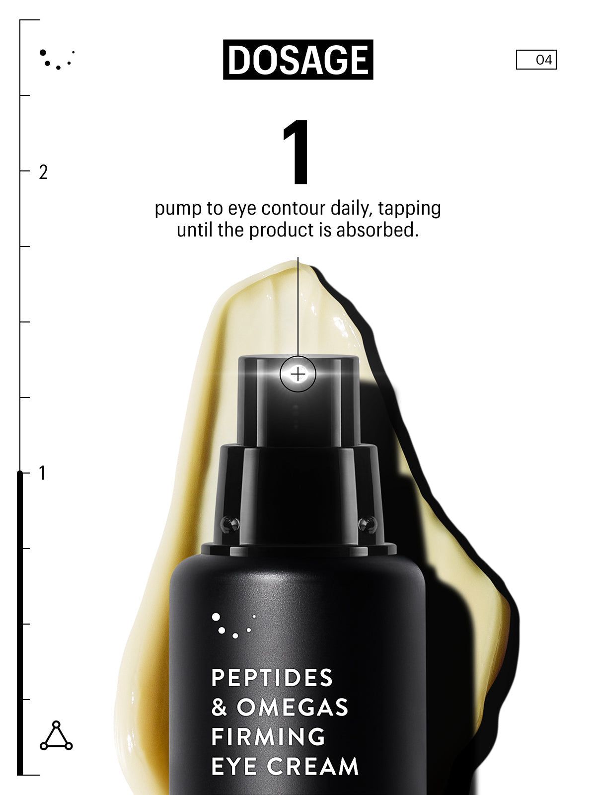 Dosierungsanleitung. Augencreme-Flasche mit Produkt. Text: 'Peptides & Omegas Firming Eye Cream'.