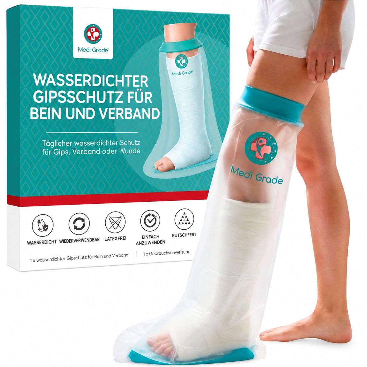 Wasserdichter Gips- und Beinschutz mit Siegel und Logo.