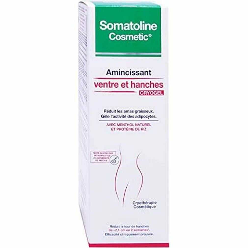 Somatoline Cosmetic, Amincissant ventre et hanches Cryogel. Tube und Verpackung. Weiß, grün. Text: Amincissant ventre et hanches.