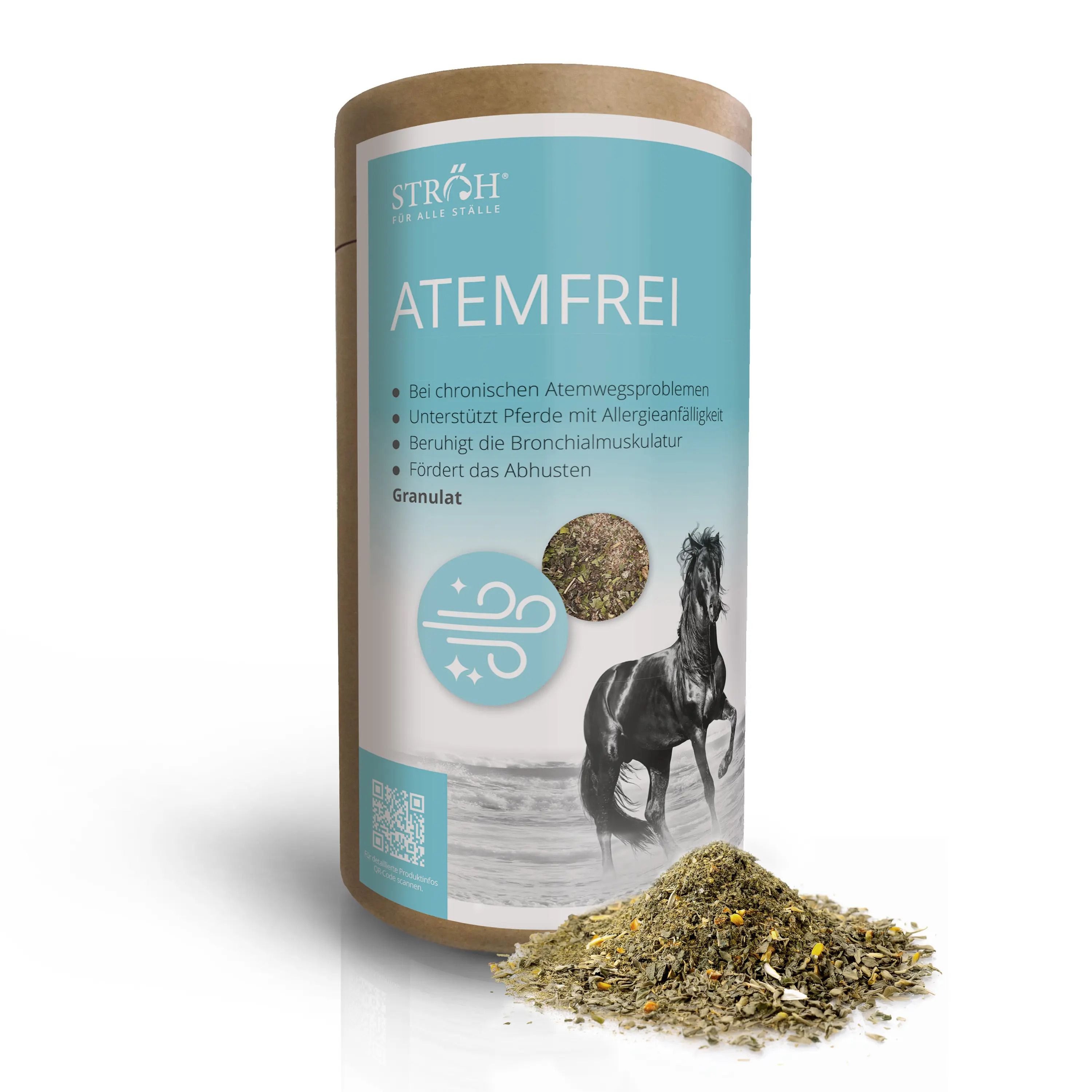 Zylindrische Dose mit blau-weißem Etikett. Aufschrift: ATEMFREI. Granulat daneben. Logo: Pferd. Text: Bei Atemwegsproblemen.