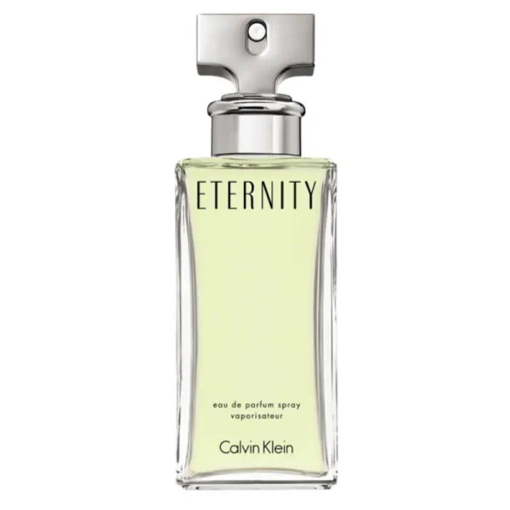 Eckige Glasflasche mit silbernem Verschluss. Aufschrift: Eternity, Calvin Klein. Eau de Parfum Spray.