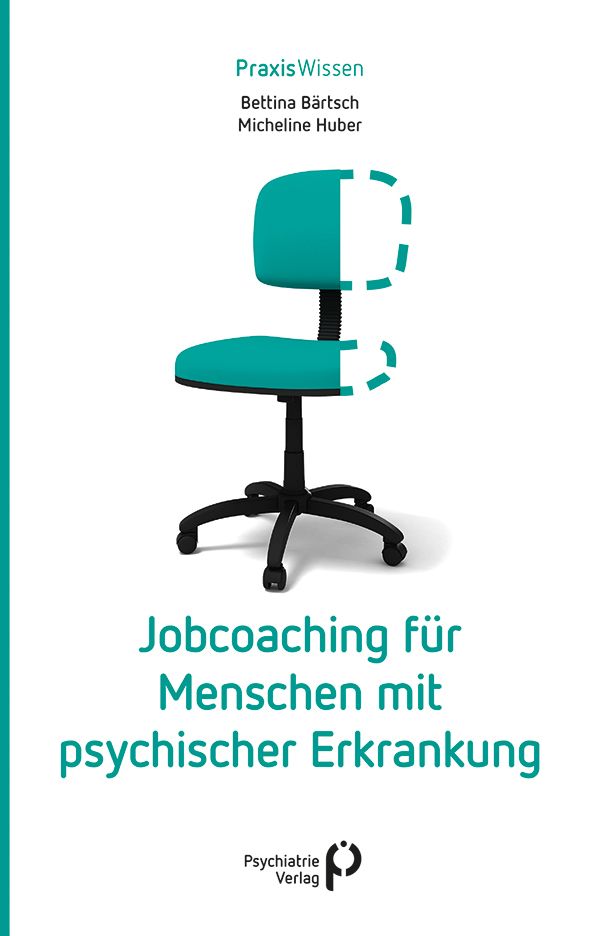 Buchcover: Jobcoaching für Menschen mit psychischer Erkrankung. Titel, Autoren, Stuhl-Illustration.
